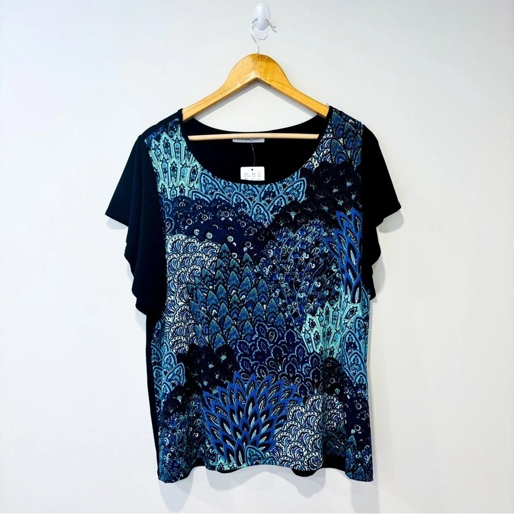 LAURA Blue black‎ floral print flowy blouse top | Elegant chic | Large *